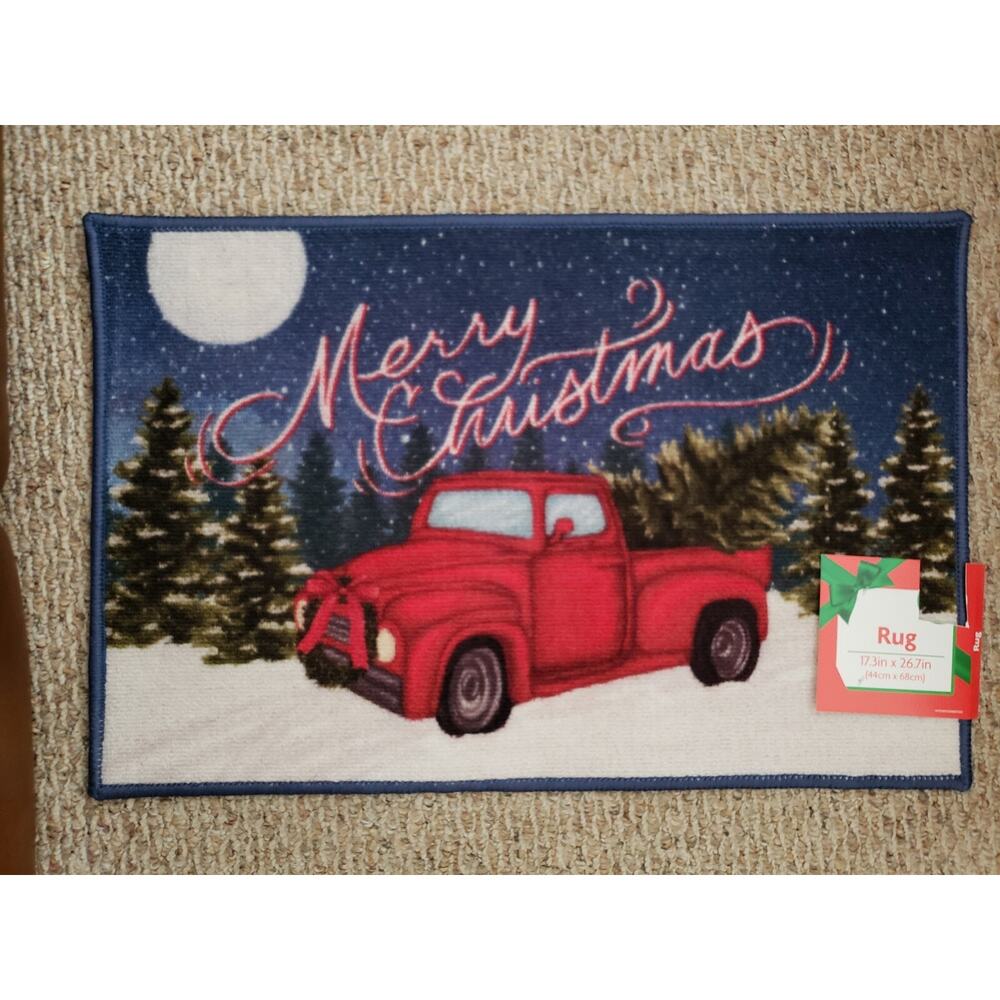 NEW Christmas Red Truck With Tree Door Mat Rug Bright Rustic Merry Christmas